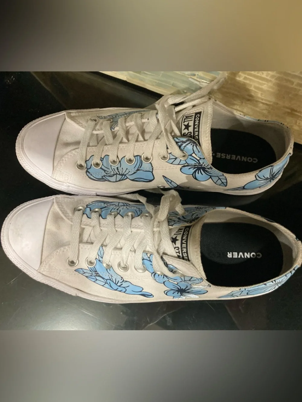 Converse White Canvas Sneaker with Blue Floral Print CUSTOM low top - Picture 3 of 6